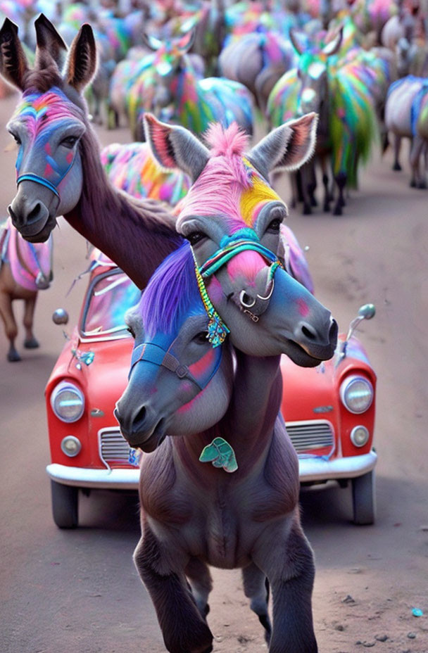 Vibrantly dyed donkeys with decorated bridles beside classic red car