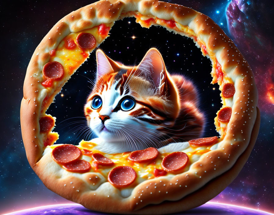 Cat with expressive eyes and pizza slice on cosmic background