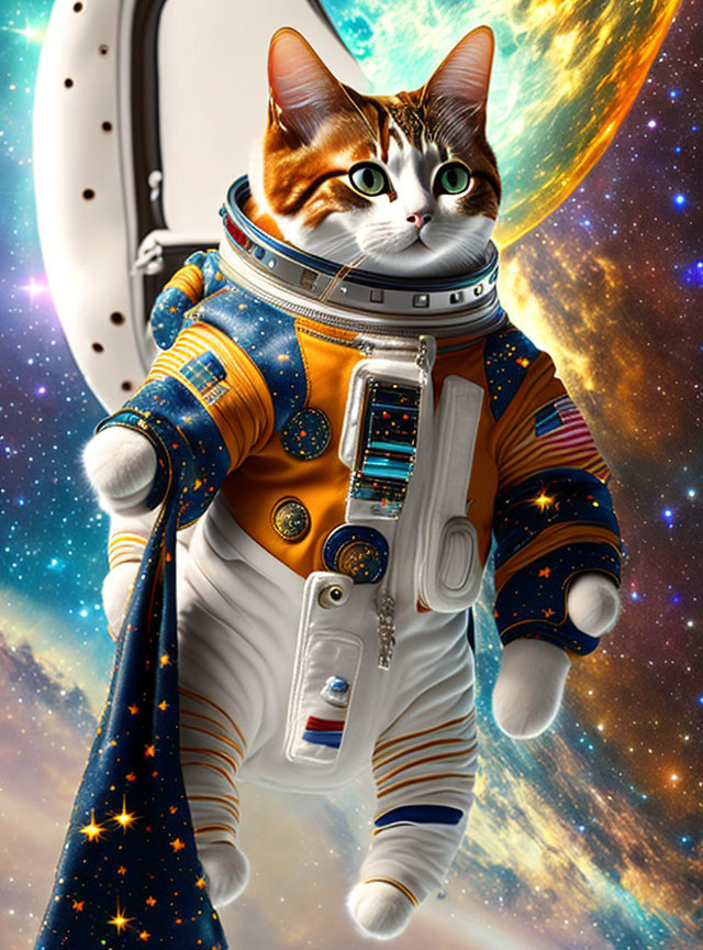 Tabby cat in astronaut suit floating in space with colorful planets and stars