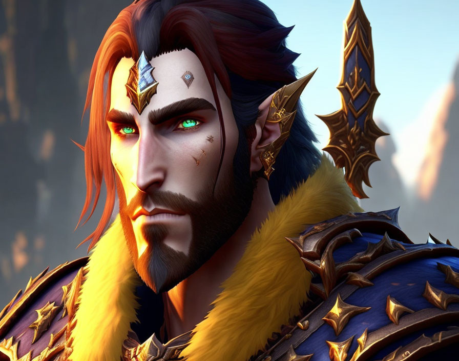 Male character with red hair, green eyes, beard, golden armor, fur lining.