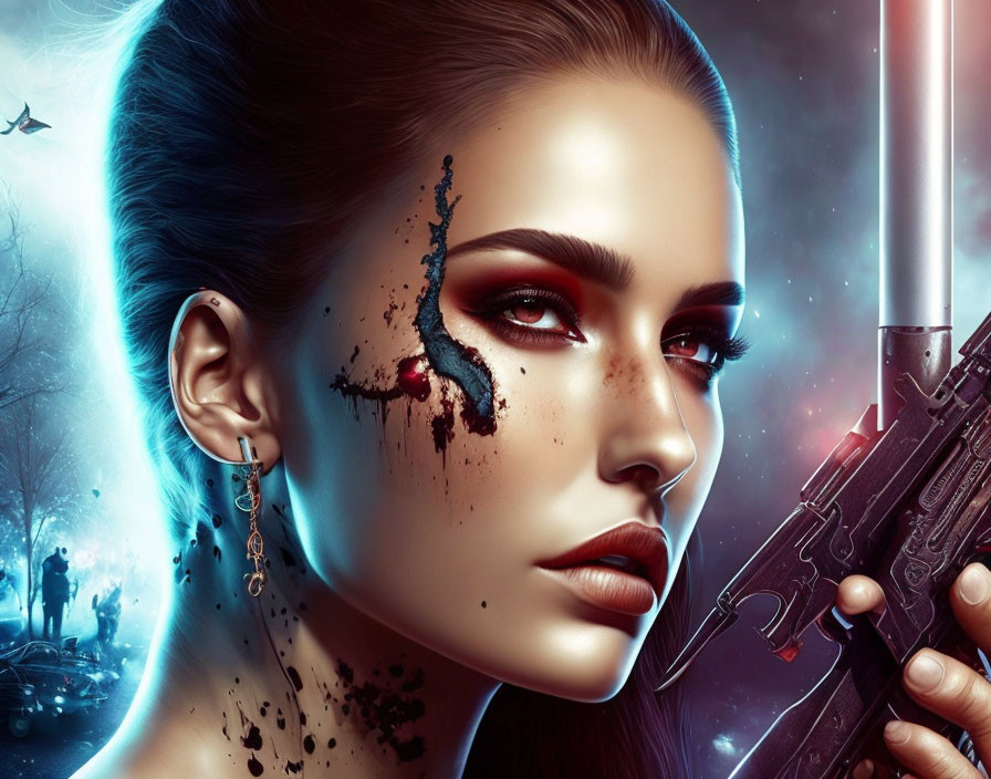 Digital artwork of woman with futuristic weapon, disintegrating face, in sci-fi backdrop with blue and