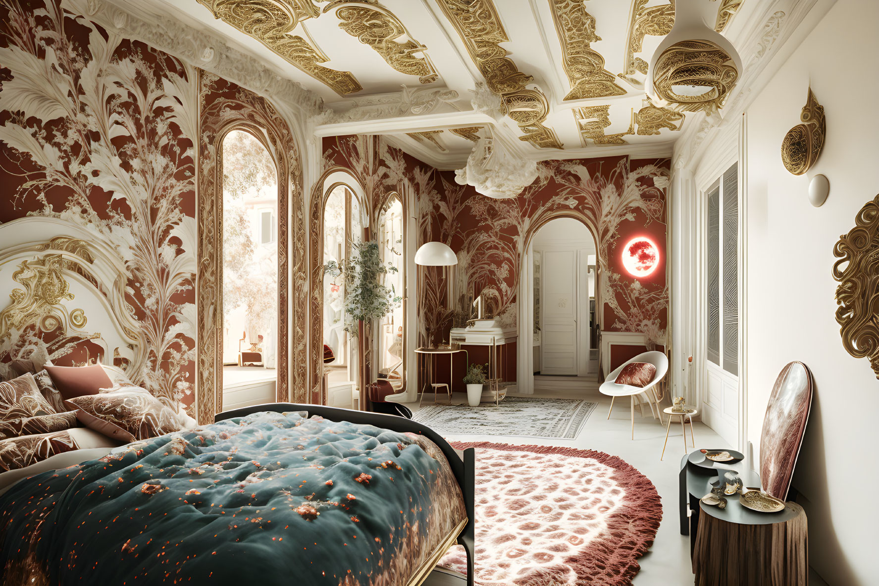 Opulent Bedroom with Ornate Ceiling, Red Wallpaper, and Golden Accents