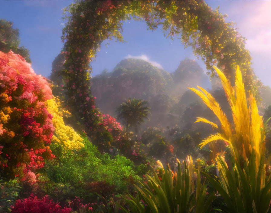 Vibrant flower garden with archway, misty mountains, and sunbeams