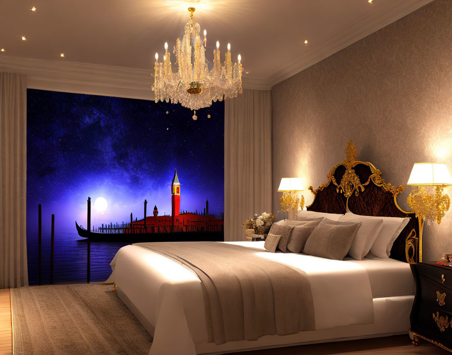 Elegant Bedroom with Ornate Headboard and Starry Night Sky View