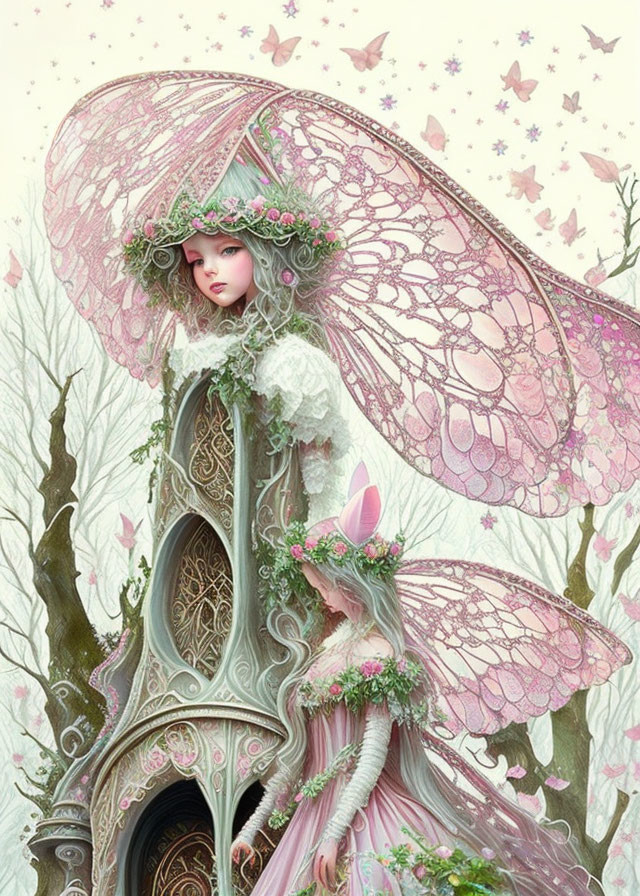 Ethereal fairy with pink wings in ornate gown in whimsical forest