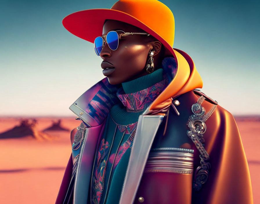 Colorful Hat, Reflective Sunglasses, Detailed Leather Jacket in Desert Setting