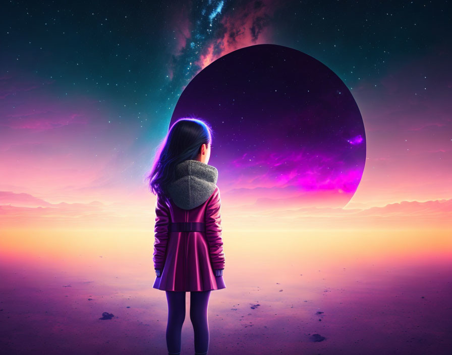 Girl gazes at large planet in cosmic backdrop