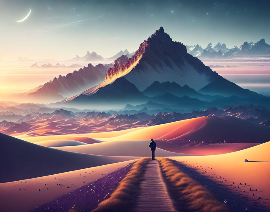 Person at Path's Start Facing Towering Mountain in Surreal Desert Landscape