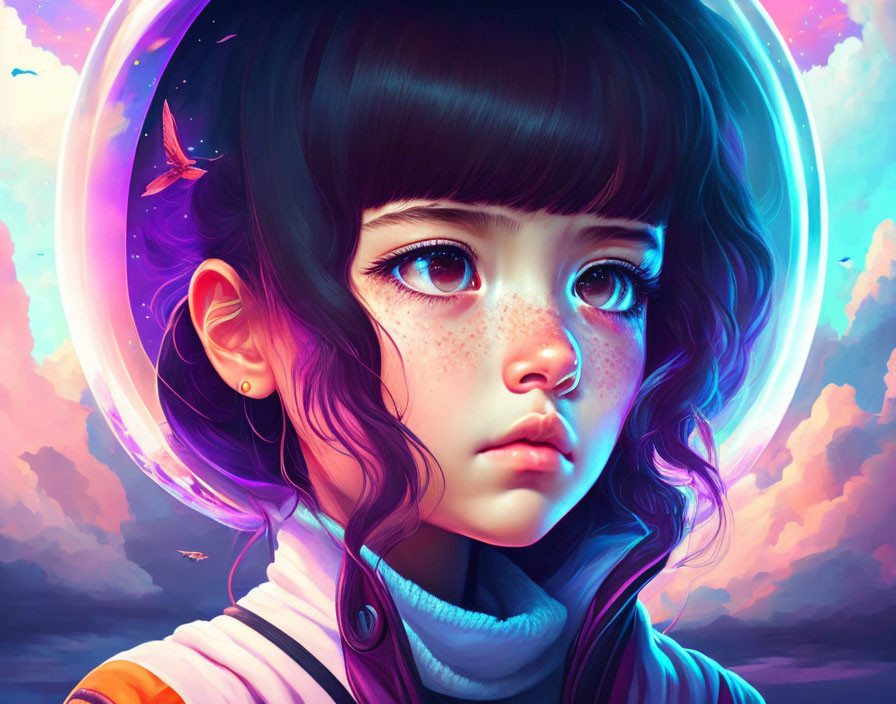 Vibrant digital artwork: young girl with expressive eyes in neon halo, against cloud-filled sky