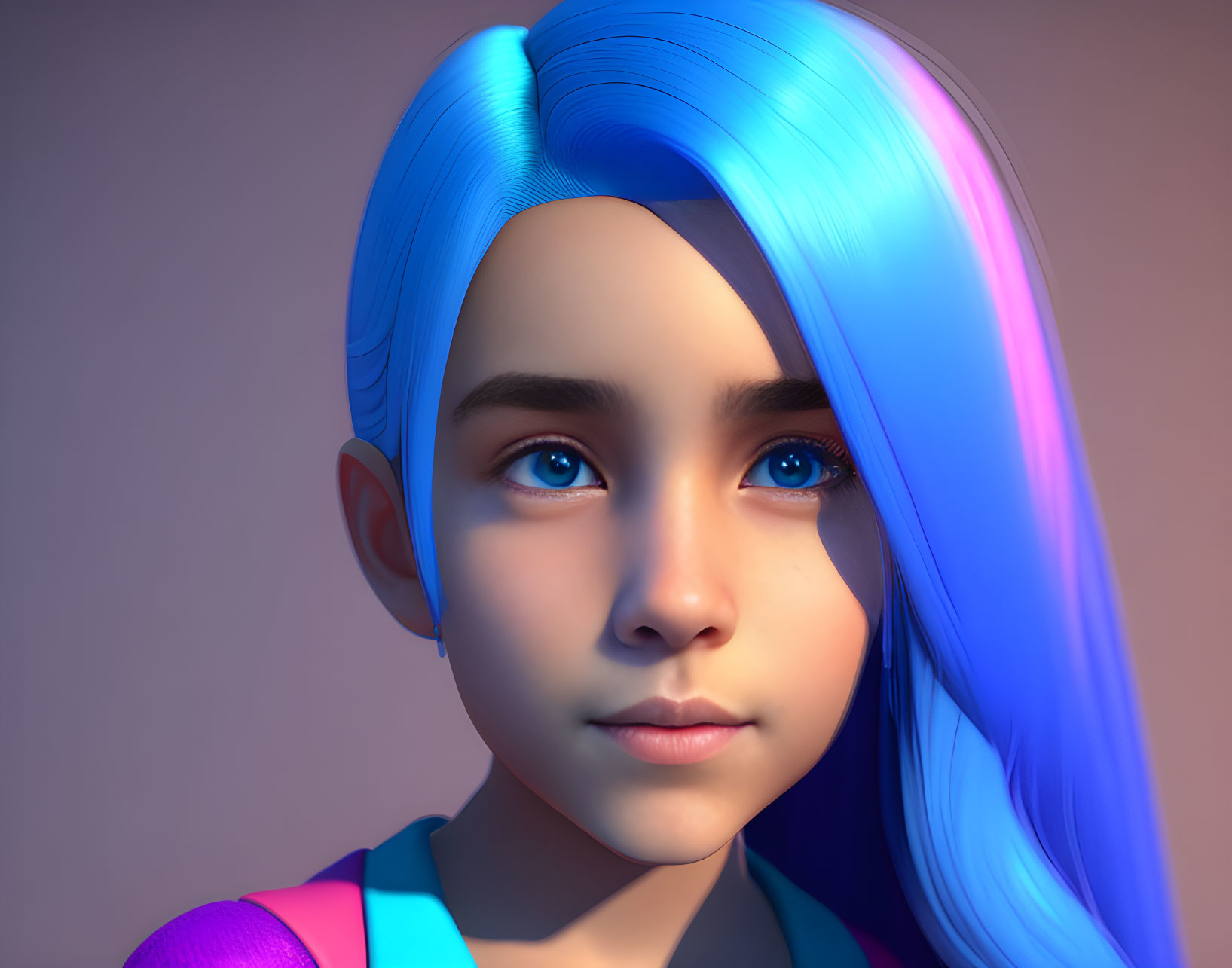 Colorful 3D Rendering: Girl with Blue and Pink Hair, Big Brown Eyes, Purple Shirt