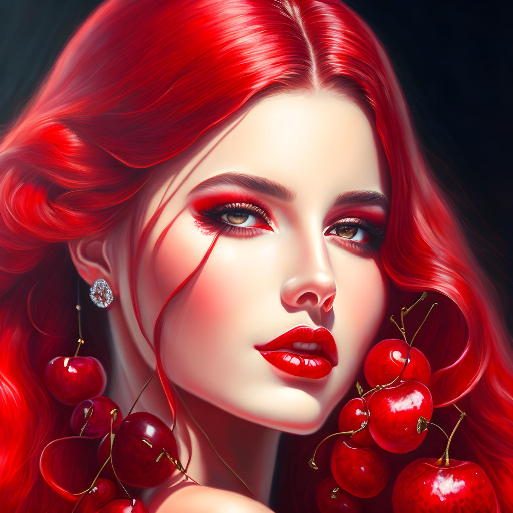 Digital Artwork: Woman with Red Hair, Cherry Earrings, and Cherries