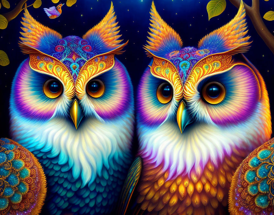 Colorful Stylized Owls and Bird on Starry Night Background