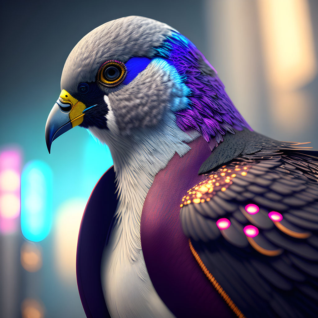 Colorful stylized digital artwork of a bird with blue and violet plumage against urban backdrop