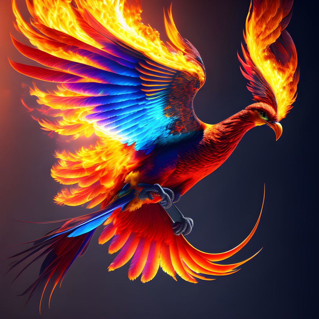 Colorful Phoenix Artwork with Red, Orange, and Blue Feathers