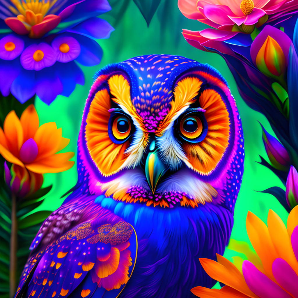 Colorful Owl Illustration with Floral Background