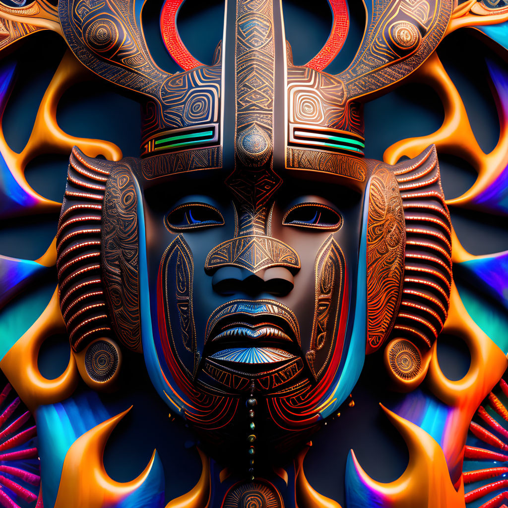 Colorful digital artwork of stylized tribal mask with intricate patterns