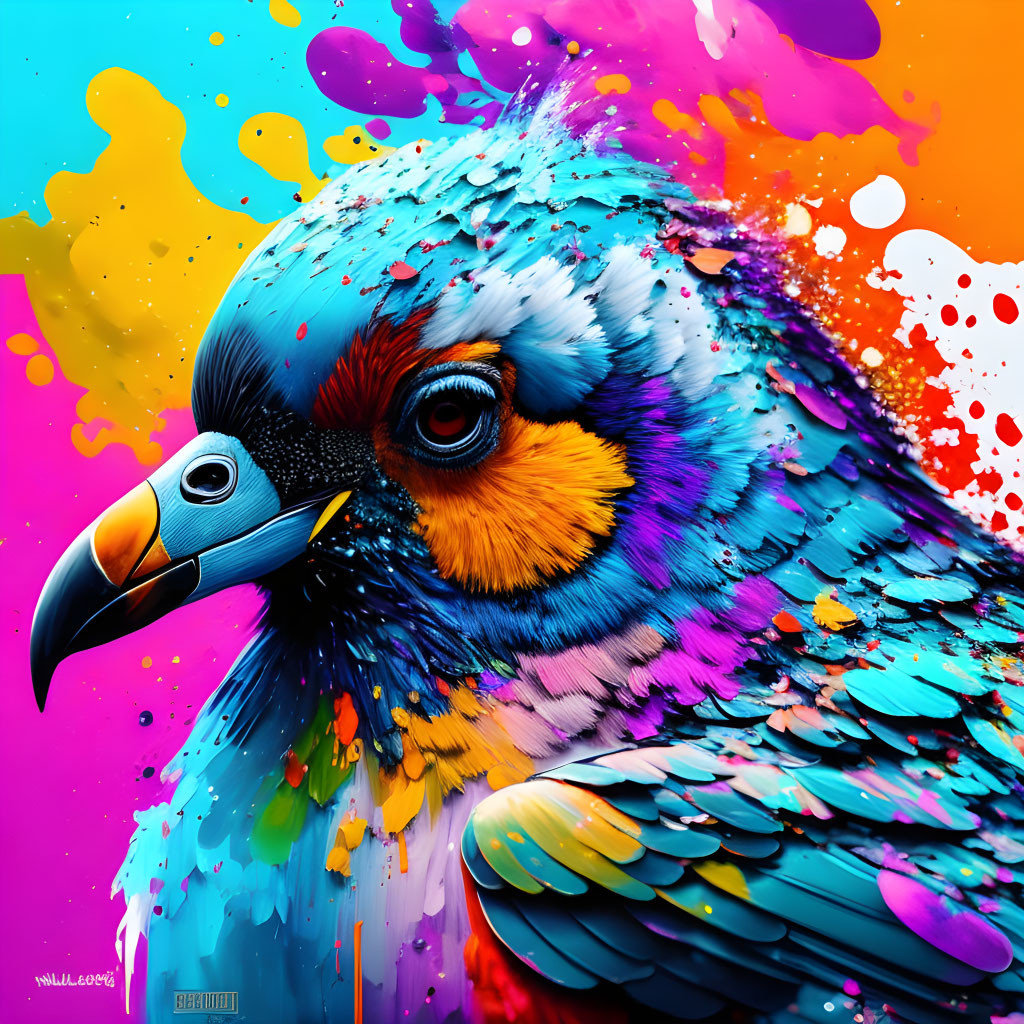 Colorful Parrot Artwork with Dynamic Paint Splashes in Blues, Oranges, and Reds