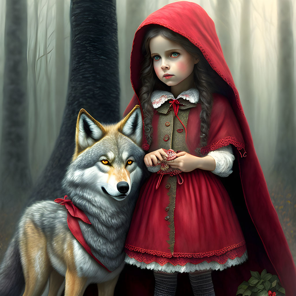 Young girl in red hooded cloak with wolf in matching red scarf in misty forest.