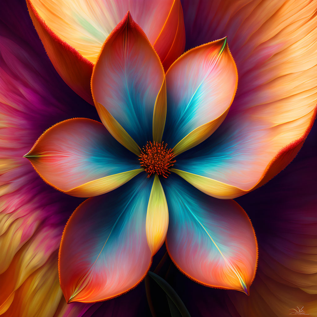 Colorful digital flower illustration with vibrant multicolored petals in orange, blue, yellow, and red