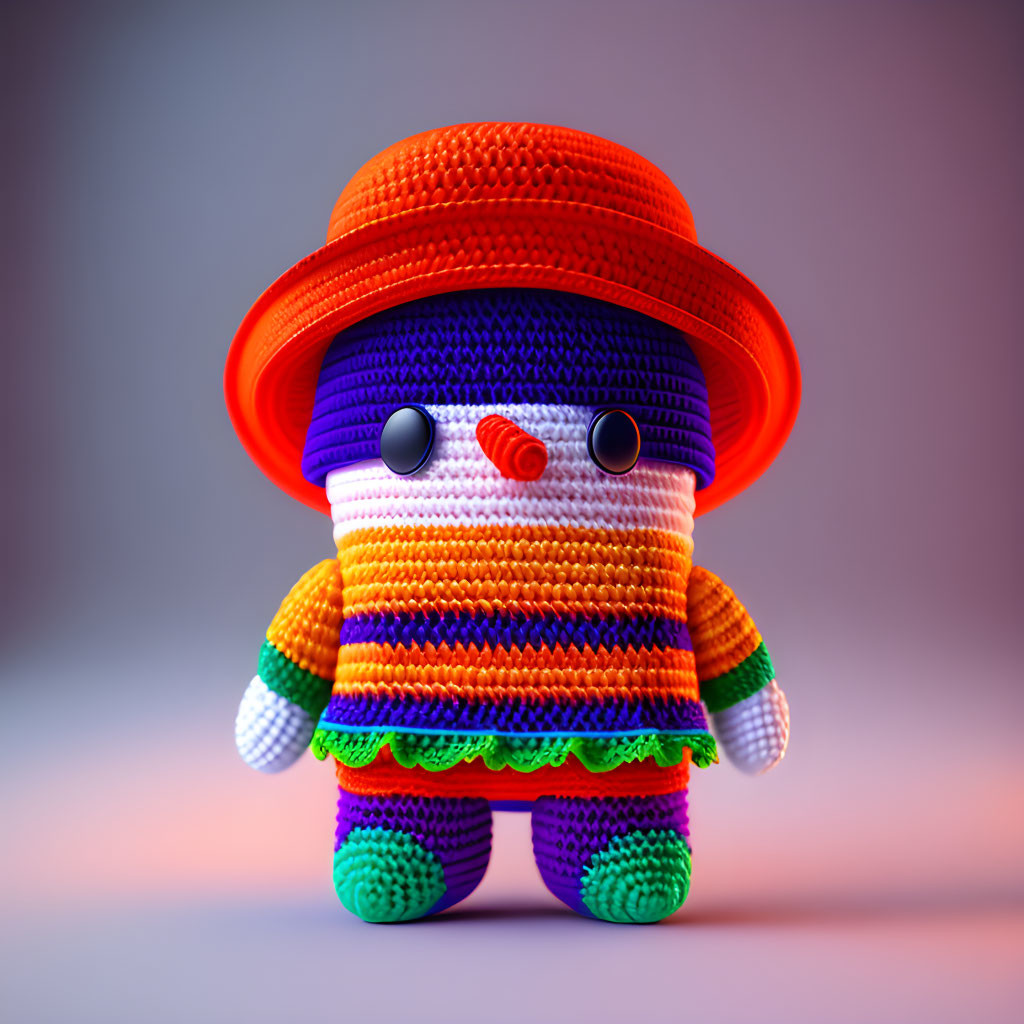 Colorful knitted character with large black eyes and orange hat on gradient background