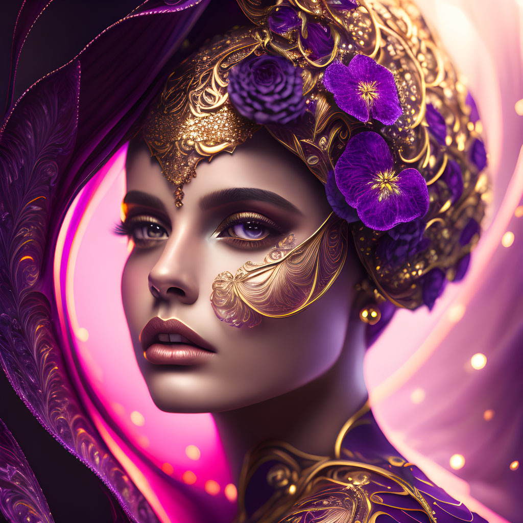 Digital artwork featuring woman with gold and purple floral headdress.