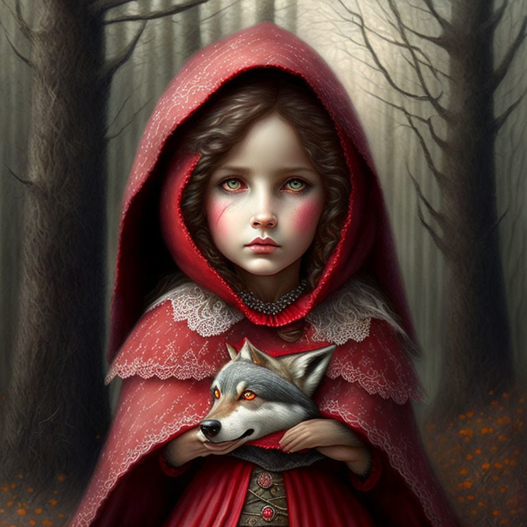 Young girl in red cloak with wolf in mystical forest