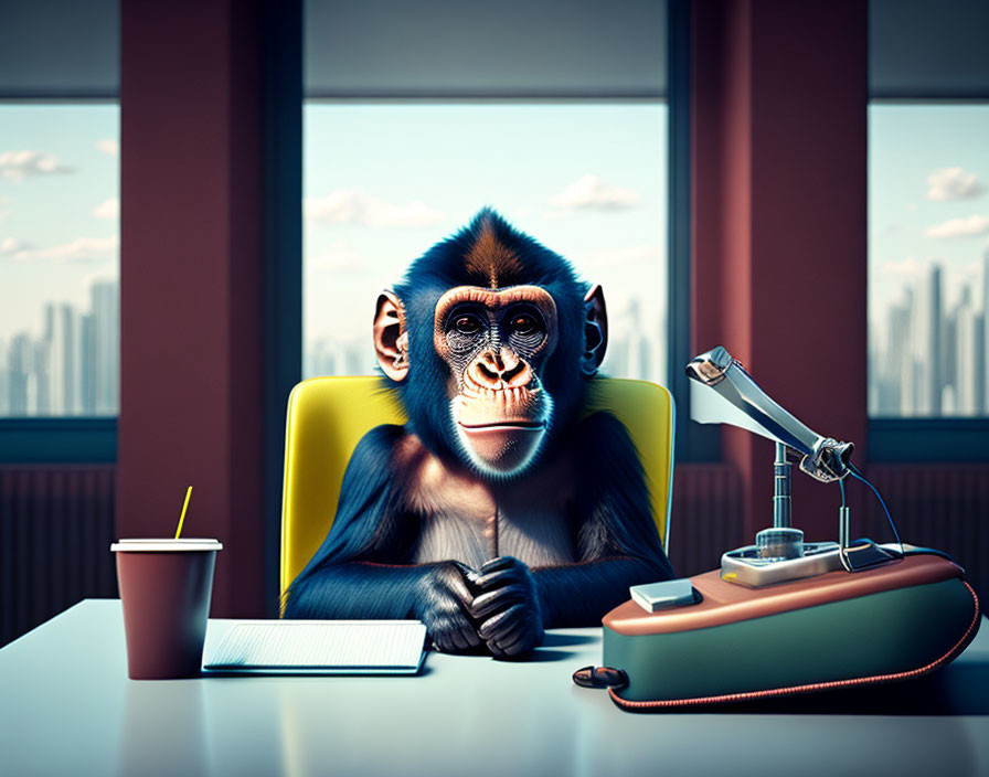 Digital image: Monkey at office desk with skyscraper view, stationery, lamp, disposable cup