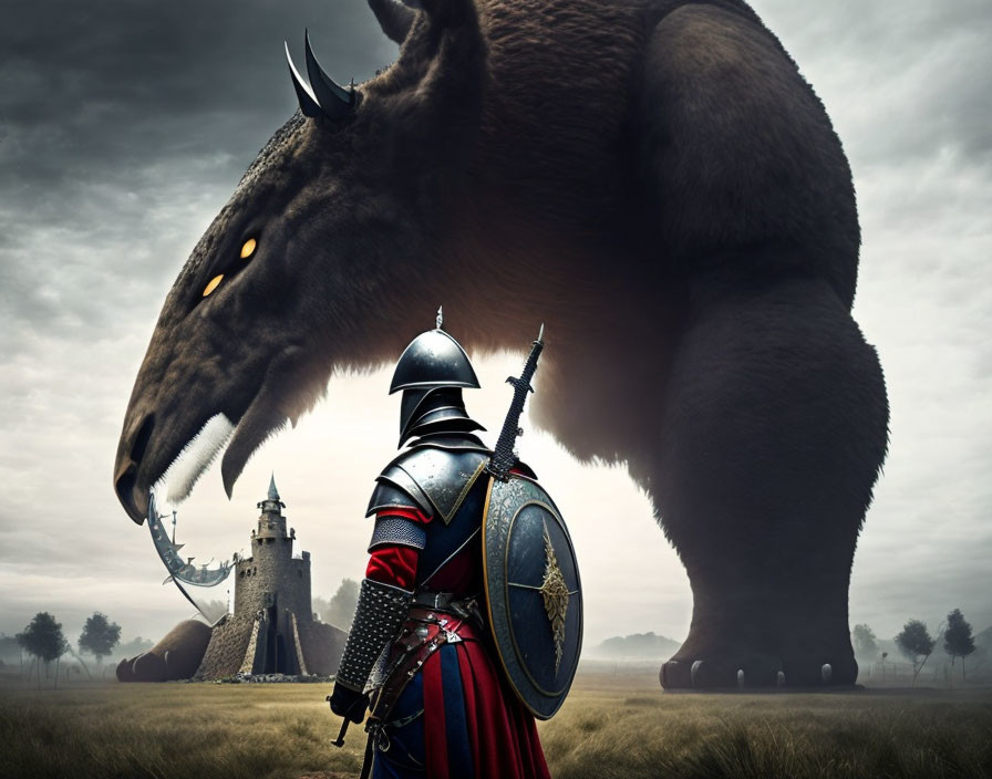 Knight in armor confronts giant bear-like monster in misty castle landscape