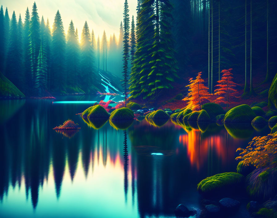 Tranquil forest scene: tall pines, serene lake, colorful foliage, mystical sky