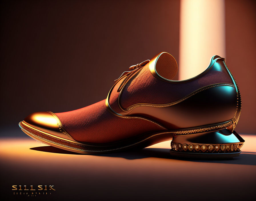 Brown Men's Dress Shoes with Intricate Stitching in Warm Lighting