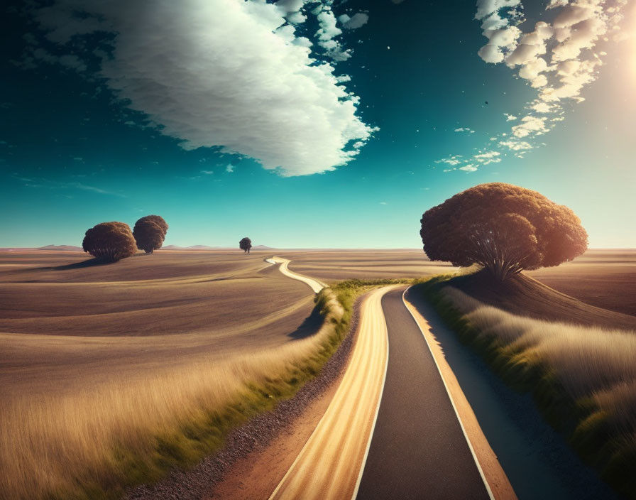 Scenic winding road through rolling hills under blue sky