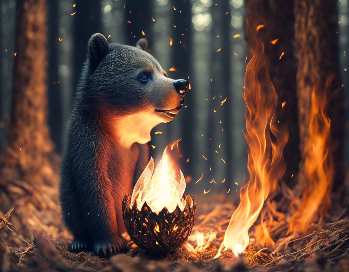 Bear cub by small fire in enchanting forest with floating embers