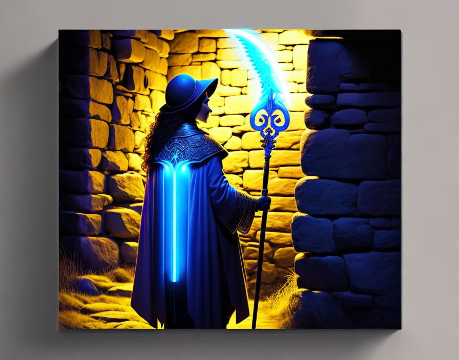 Cloaked Figure Holding Blue-Flamed Torch on Stone Wall Background