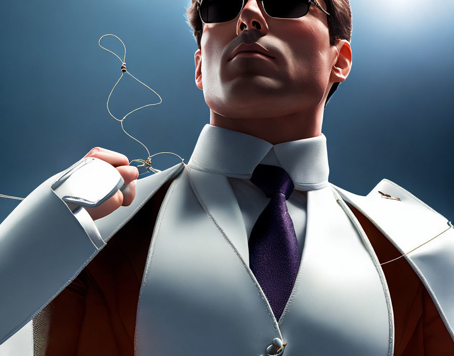 Stylized person in white suit with sunglasses on blue background