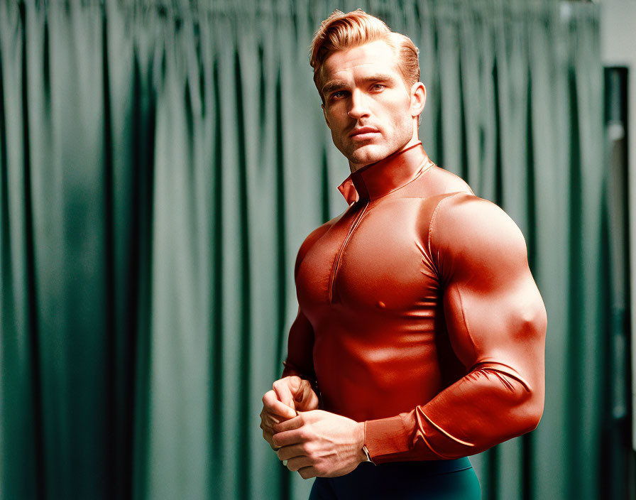 Muscular Man in Red Top Poses Against Dark Curtains