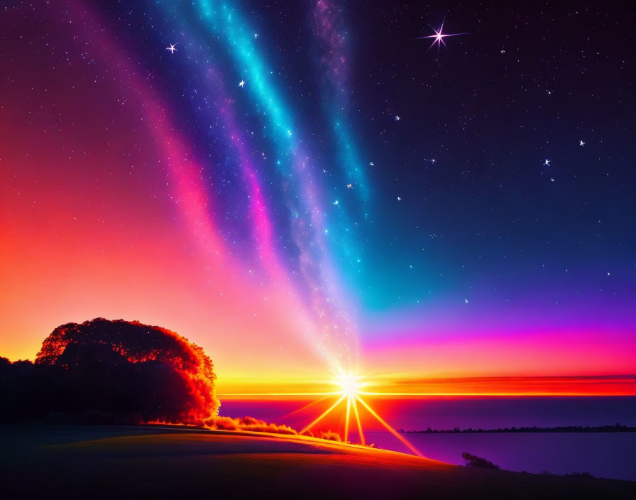 Colorful Aurora Lights Over Silhouetted Landscape with Bright Star