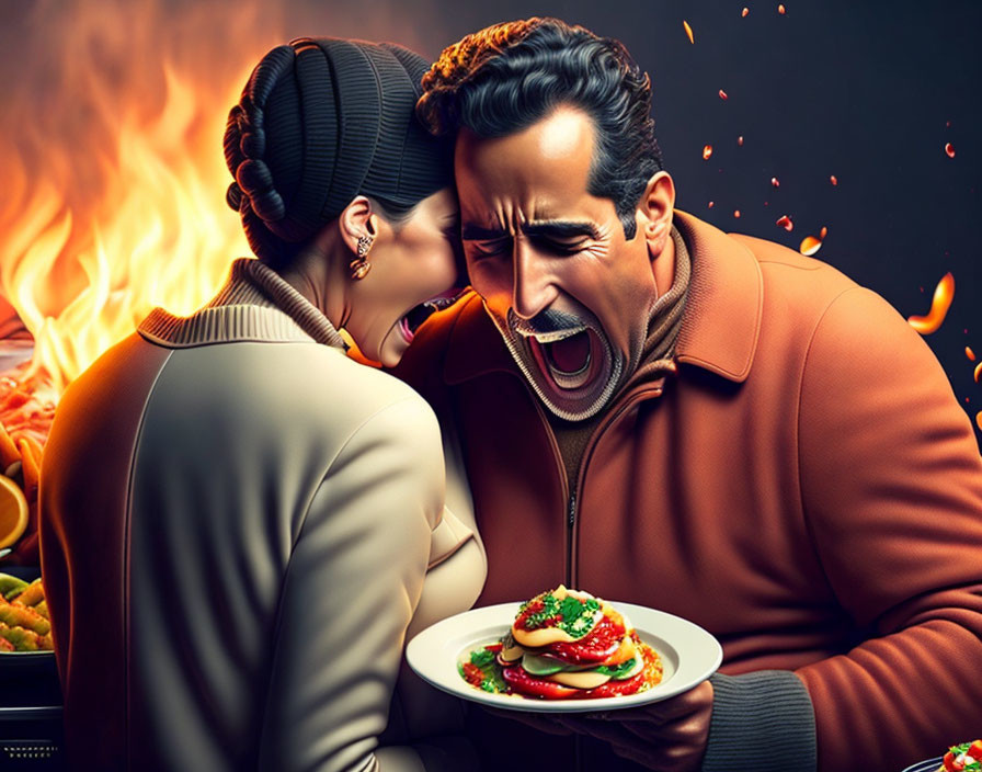 Passionate embrace over pancakes with fiery background.