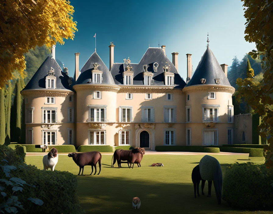 Luxurious chateau with manicured gardens and grazing sheep under clear blue sky