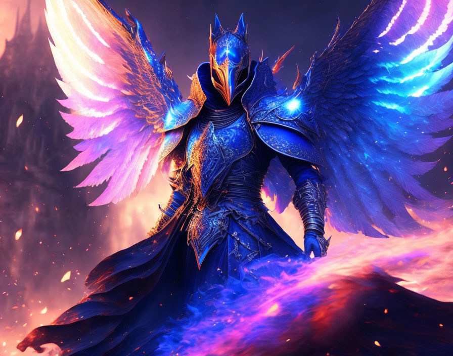 Blue-armored figure with glowing wings on fiery backdrop