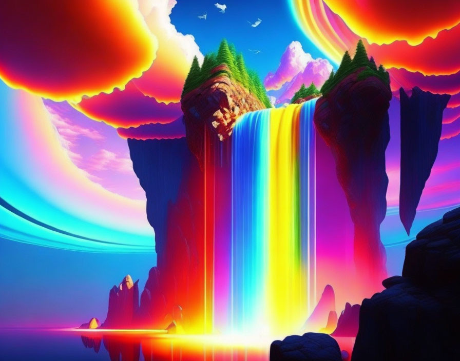 Majestic waterfall in rainbow colors between cliffs under surreal sky