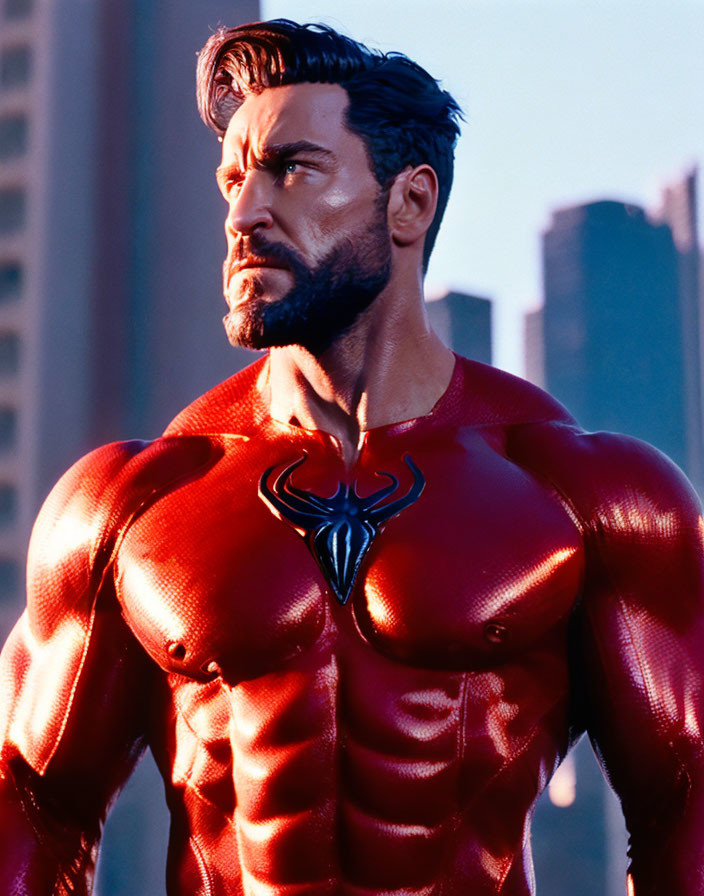 Muscular bearded superhero in red suit with unique symbol, city backdrop.