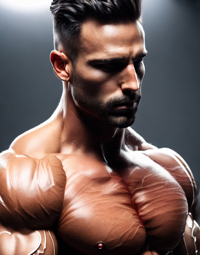 Muscular man showcasing defined muscles against dark backdrop