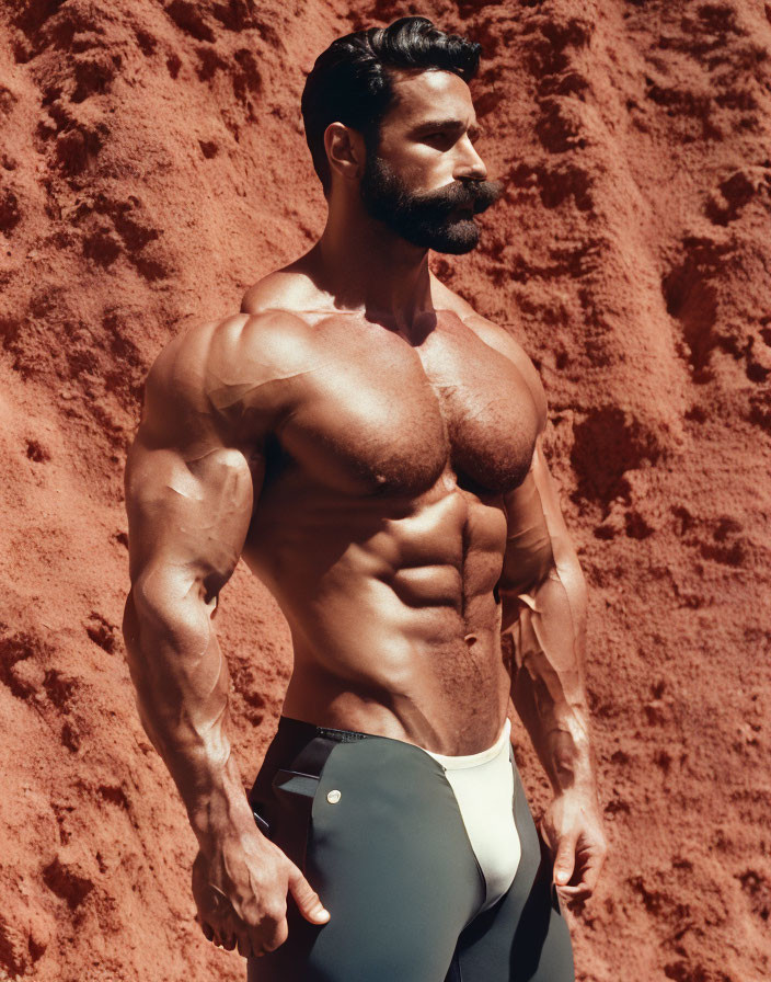 Muscular Man in Grey Swim Trunks on Red Sandy Backdrop