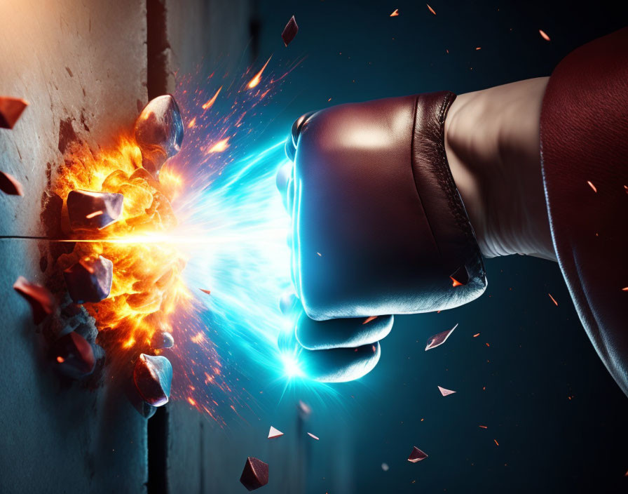 Boxing glove punch creates fiery explosion with sparks and debris.