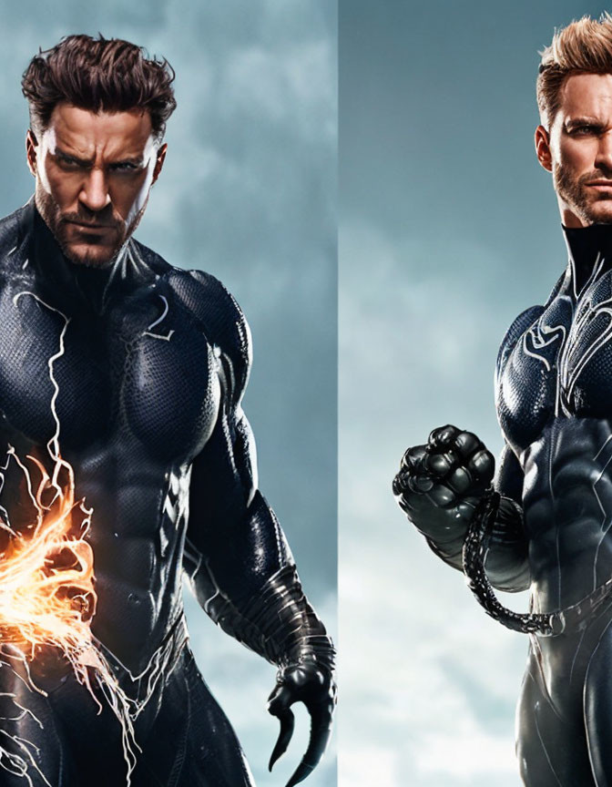 Two male figures in blue and black superhero suits with lightning effects and clenched fist.