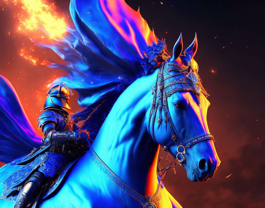 Digital artwork: Knight in blue armor on blue horse against fiery orange background