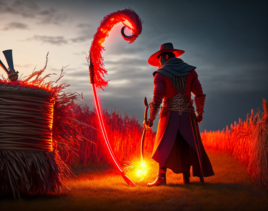 Figure in Red Cloak Wields Glowing Sword Against Fiery Bird in Field