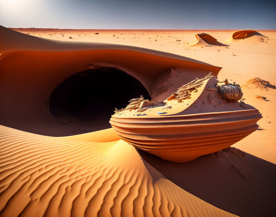 Desert landscape: abandoned half-buried boat, sand dunes, clear sky