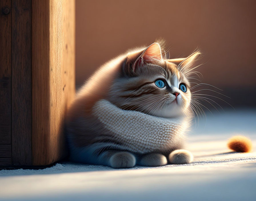 Fluffy ginger cat with blue eyes in white scarf in sunlit room