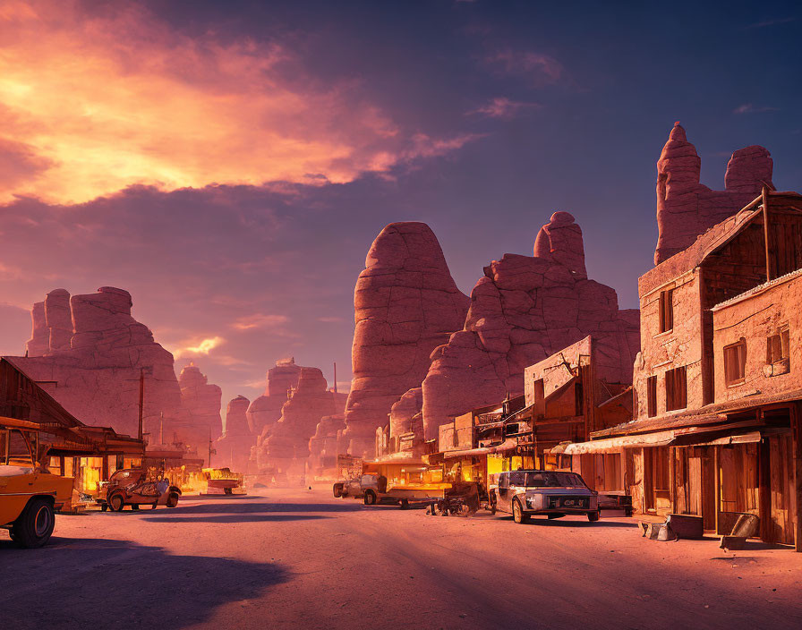 Sunset-lit street with old buildings, rock formations, and vintage cars